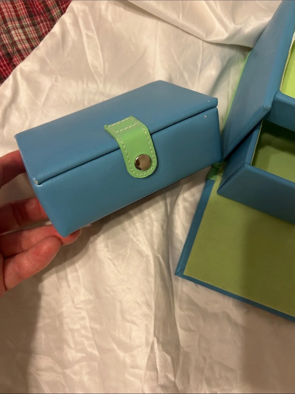 Talbots Blue Jewelry Box with Lime Trim and Top Handle